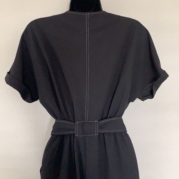 Lush Black Contrast Stitch Button Front Short Sleeve Tie Waist Jumpsuit - Picture 10 of 12